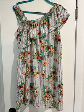Off-Shoulder Floral Stripe Casual Dress in White with Orange & Pink Flowers